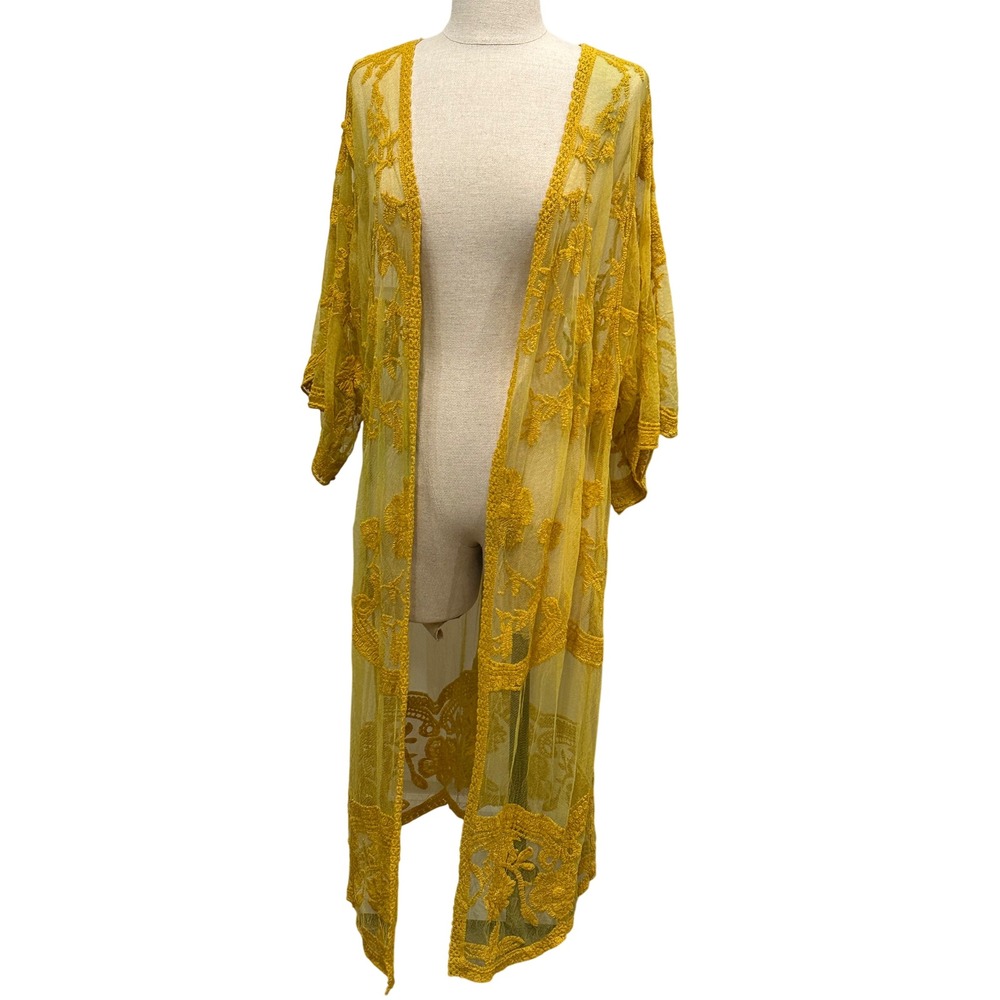 Anna-Kaci California Yellow Floral Embroidered Mesh Kimono Duster YBA0056YEL